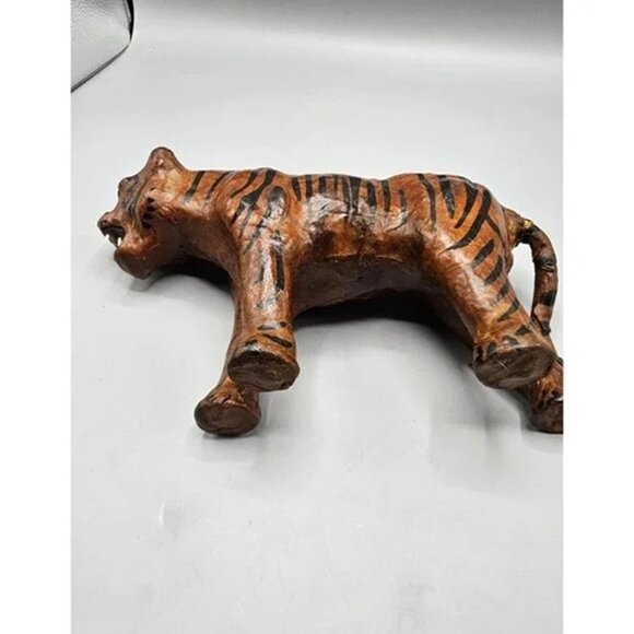 Vintage Leather Wrapped Paper‎ Mache Bengal Tiger Figurine Yellow Glass Eyes 11" - Picture 2 of 2